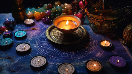 A dimly lit setting casts a mystical ambiance over a collection of tarot cards, glowing candles, and an array of colorful crystals laid out on an astrology-themed cloth.の素材