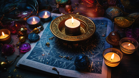 A table displaying a collection of candles and a book, creating a warm and inviting atmosphere.の素材