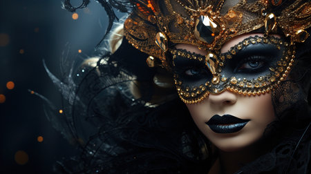 A woman wearing an elaborate golden Venetian mask with intricate details and black plumage appears poised and enigmatic. Her eyes, framed by the masks black accents and sparkling adornments, convey a sense of mystery as she attends a masquerade event.の素材