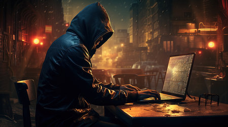 A hooded figure uses a laptop on a city street at night, possibly engaging in illicit activities.の素材