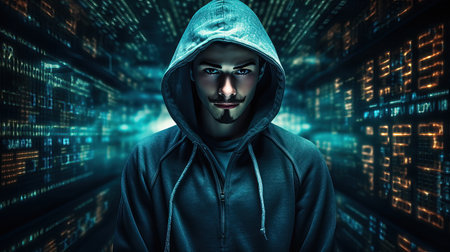 A person in a hooded top with a digital matrix background, symbolizing cyber security and hacking.の素材