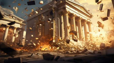 A bank building surrounded by tall columns is engulfed in flames and smoke as an explosion occurs, scattering debris across the street in bright daylight.の素材