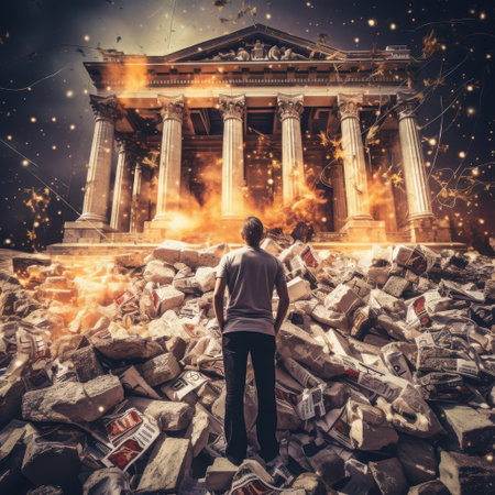 A person stands in front of a ruined bank building surrounded by debris and chaos, depicting the aftermath of a significant financial collapse with smoke rising in the background.の素材