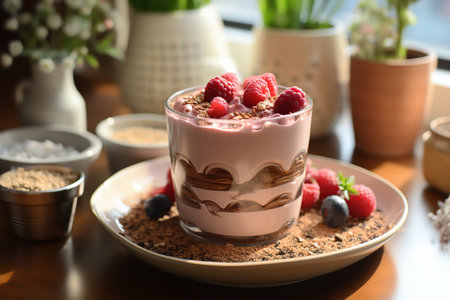 A plate filled with a selectable dessert topped with fresh raspberries and a variety of other mouthwatering toppings.の素材