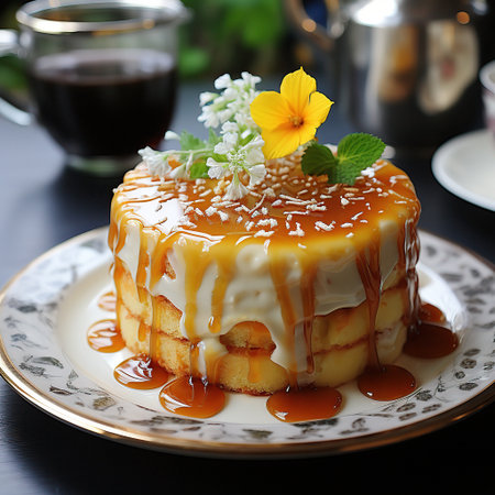 A cake placed on a plate on a table, showing the delicious dessert.の素材