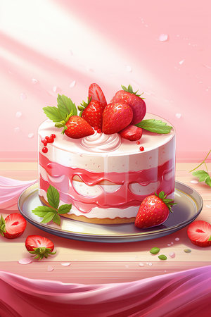 A still life painting of a strawberry cake on a plate, showing the vibrant colors and delicious appearance.の素材