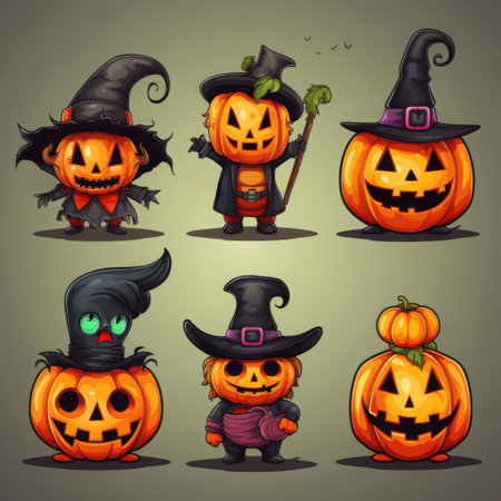 A joyful gathering of charming Halloween characters showcases colorful pumpkin heads and playful costumes. Each figure adds a whimsical flair to the festive atmosphere.の素材