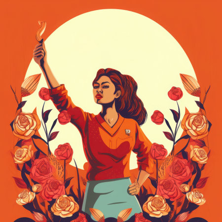 A powerful illustration for International Women's Day features a determined woman holding a symbolic item high amidst blooming roses, representing strength and progress.の素材