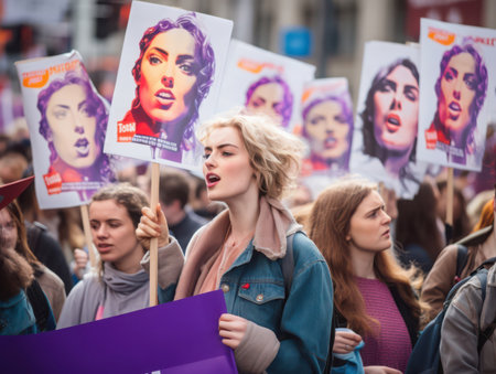 Groups of activists gather in the city, passionately holding posters as they march for social justice, calling for awareness and change.の素材