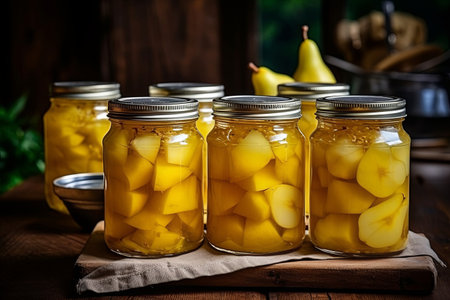 Freshly made canned pear compote fills glass jars set on a wooden table, surrounded by the warm ambiance of a rustic kitchen. Ripe pears highlight the vibrant color of the jars.の素材
