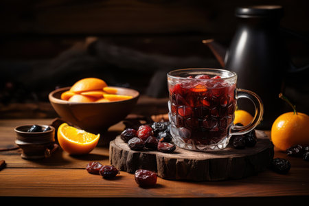 A glass of dark red cranberry juice sits on a wooden table, surrounded by orange slices, dried cranberries, and other ingredientsの素材