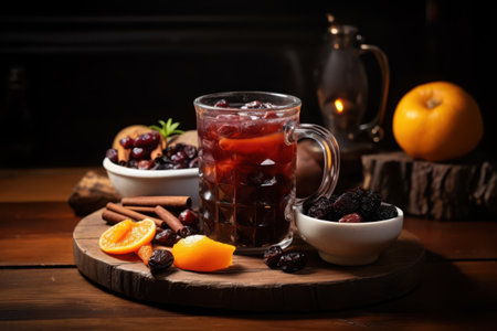 A glass mug of cranberry juice filled with ice sits on a wooden tray with cinnamon sticks, orange slices, and dried cranberries. A small white bowl filled with dried cranberries is in the foregroundの素材
