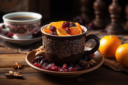A beautiful, ornate cup filled with fragrant spiced fruit tea, garnished with dried cranberries and orange slices, sits on a wooden table surrounded by fresh oranges and spices.の素材