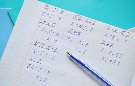 Homework in math for primary school in a copy-bookの写真素材