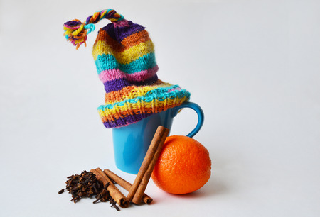 Blue cup wearing a bobble knitted striped hat, orange, cinnamon sticks and clovesの写真素材