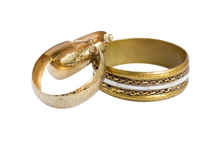 Golden old vintage bracelet and hoop earringsの写真素材