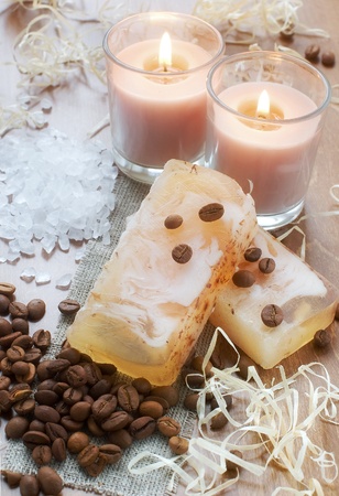 Natural hand-made soap, aromatic bath salt, candles and coffee beansの写真素材