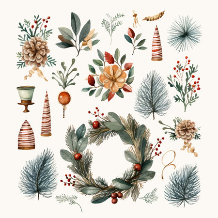 Watercolor christmas set with fir branches, poinsettia, holly, pine cones, berries. Hand drawn vector illustration.のイラスト素材