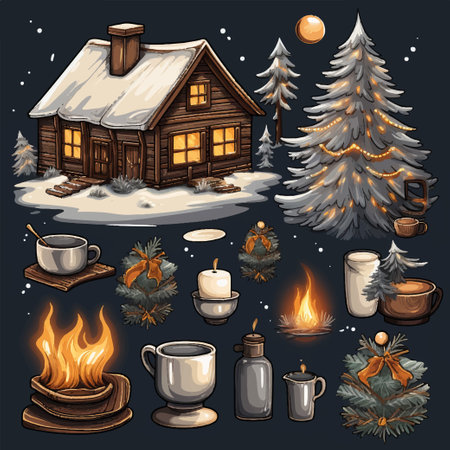 Set of winter and christmas elements. Vector illustration of a wooden house, a Christmas tree, a fireplace, a burning candle, a garland of lights.のイラスト素材