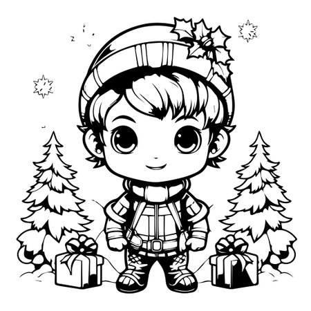 Black and White Cartoon Illustration of Cute Little Boy Character with Christmas Gifts for Coloring Bookのイラスト素材