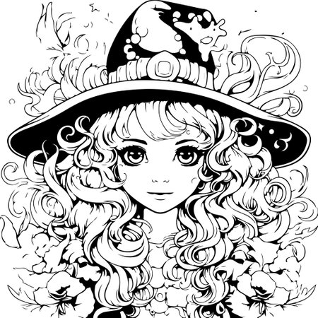 Black and White Cartoon Illustration of Cute Little Witch Girl for Coloring Bookのイラスト素材