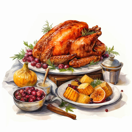 Thanksgiving dinner with roasted turkey, baked potatoes and cranberries. Watercolor hand drawn illustrationのイラスト素材