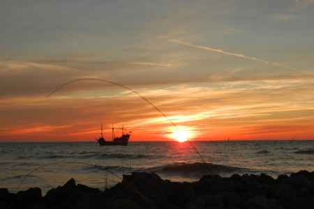 Pirate Ship at Sunset on Clearwater Beachの写真素材