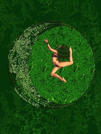 Woman dancing in green vines and plantsの写真素材