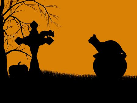 A  black halloween illustration silhouette on an orange backgroundの写真素材