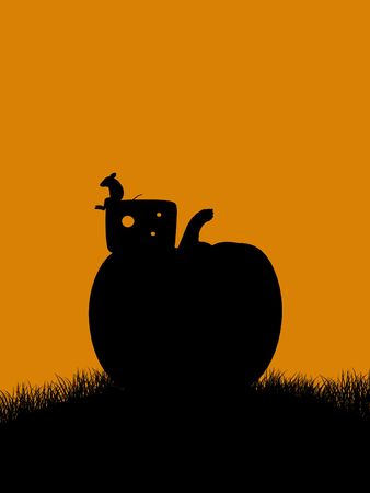 A  black halloween illustration silhouette on an orange backgroundの写真素材