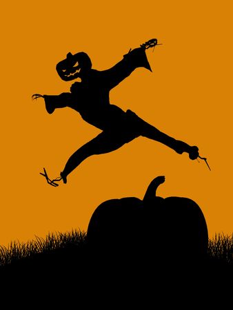 A  black halloween illustration silhouette on an orange backgroundの写真素材
