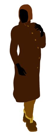 Old lady silhouette dressed in a trench coat on a white backgroundの写真素材