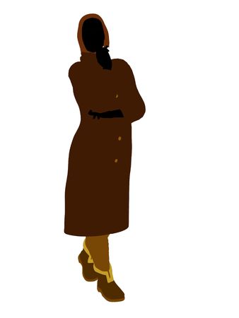 Old lady silhouette dressed in a trench coat on a white backgroundの写真素材