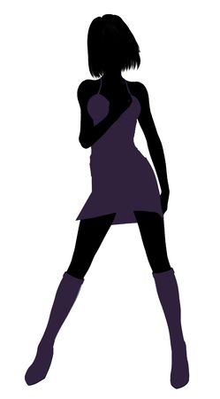 A girl silhouette fashionably dressed in a purple dress on a white backgroundの写真素材