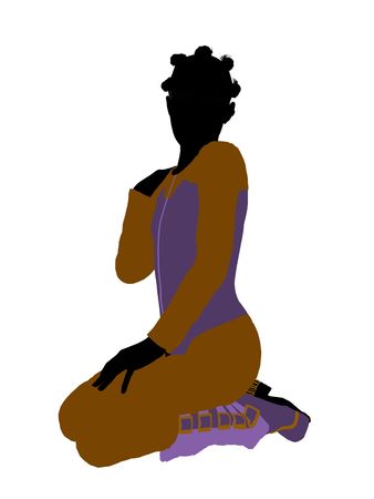 African american female teen skier silhouette on a white backgroundの写真素材