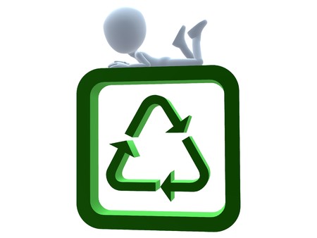 3D guy with a recycle sign on a white backgroundの写真素材