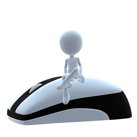 3D guy with a computer mouse on a white backgroundの写真素材