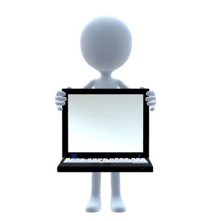 3D guy with a laptop on a white backgroundの写真素材