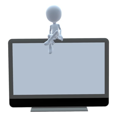 3D guy with a flat screen on a white backgroundの写真素材