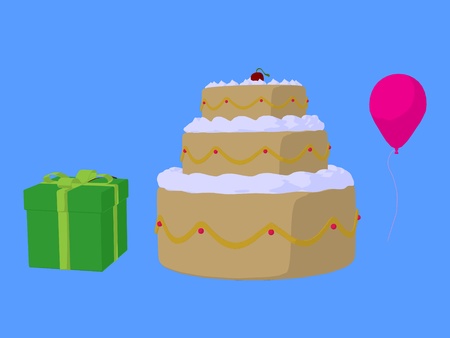 Cake, balloon and gift on a blue background