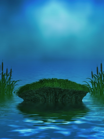 Beautiful ocean background with mossy rock and cattailsの写真素材