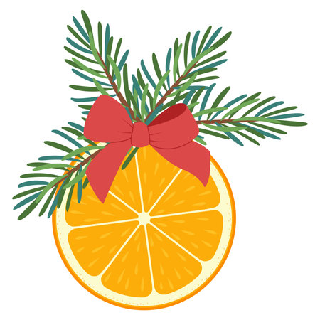 Christmas tree branch with a red bow and a slice of orange on a white backgroundのイラスト素材