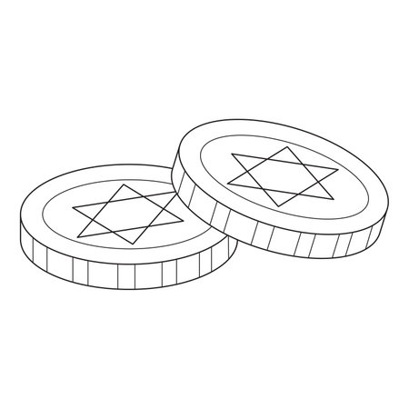 Coins, Jewish coins. Happy Hanukkah Illustration. Coloring page. Line Art.のイラスト素材