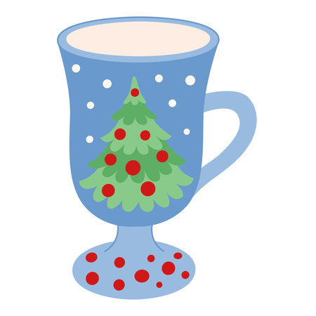 Cute holiday blue mug with a decorated Christmas tree. Cup of tea, hot drinks, tea, cocoa. Christmas coffee mug in flat style. Vector illustrationのイラスト素材