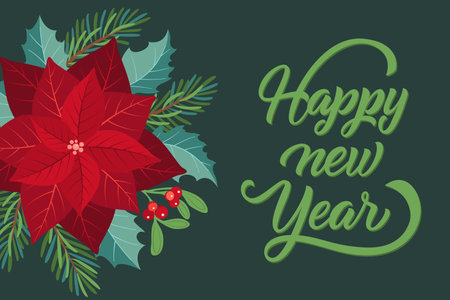 New Year greeting card with fir tree, poinsettia and holly berry. Vector illustration. Wishing you Happy New Yearのイラスト素材