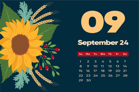 Floral September 2024 calendar template. With bright colorful flowers and leaves. Editable page template with illustrations. Vector mesh. The week starts on Sunday.のイラスト素材