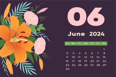 Floral June 2024 calendar template. With bright colorful flowers and leaves. Editable page template with illustrations. Vector mesh. The week starts on Sunday.のイラスト素材