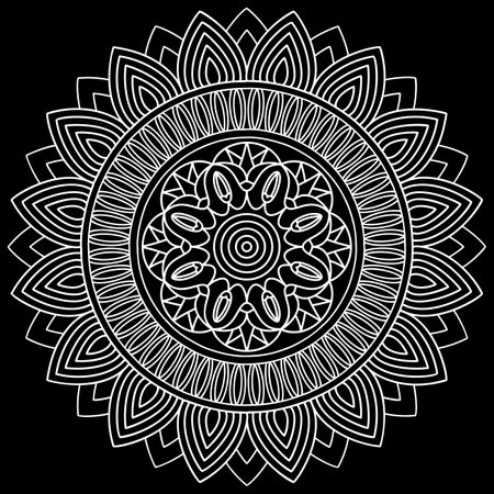 Mandala line art designs on black background. Coloring page for kids and adults. Patterns for relaxation and meditation. Vector illustrationのイラスト素材
