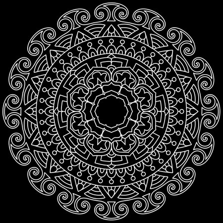 Mandala line art designs on black background. Coloring page for kids and adults. Patterns for relaxation and meditation. Vector illustrationのイラスト素材