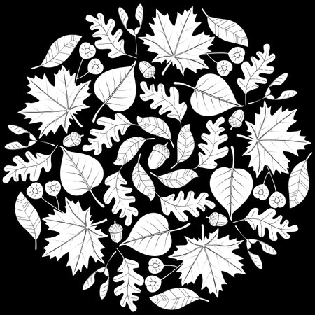 Autumn mandala with autumn leaves on black background. Coloring page for children and adult. Vector illustration.のイラスト素材